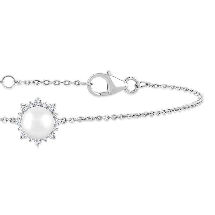 6 MM Round Shape Cultured Pearl and 1/10 Ctw Petite Round Cut Diamond Halo Bracelet in 10K White Gold
