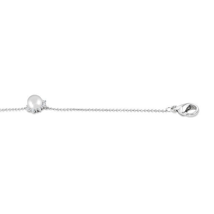 6 MM Round Shape Cultured Pearl and 1/10 Ctw Petite Round Cut Diamond Halo Bracelet in 10K White Gold