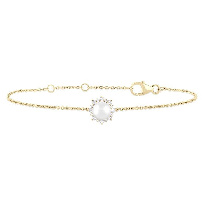 6 MM Round Shape Cultured Pearl and 1/10 Ctw Petite Round Cut Diamond Halo Bracelet in 10K Yellow Gold