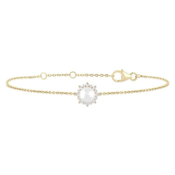 6 MM Round Shape Cultured Pearl and 1/10 Ctw Petite Round Cut Diamond Halo Bracelet in 10K Yellow Gold