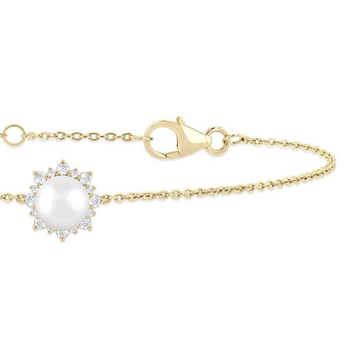 6 MM Round Shape Cultured Pearl and 1/10 Ctw Petite Round Cut Diamond Halo Bracelet in 10K Yellow Gold