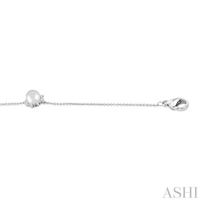 6 MM Round Shape Cultured Pearl and 1/10 Ctw Petite Round Cut Diamond Halo Bracelet in 10K White Gold