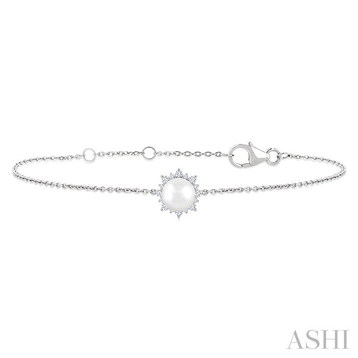 6 MM Round Shape Cultured Pearl and 1/10 Ctw Petite Round Cut Diamond Halo Bracelet in 10K White Gold