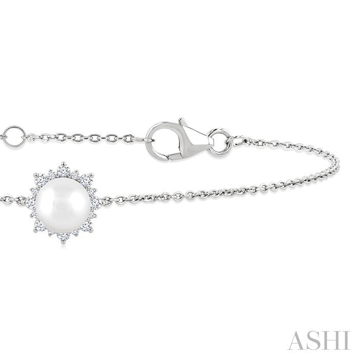 6 MM Round Shape Cultured Pearl and 1/10 Ctw Petite Round Cut Diamond Halo Bracelet in 10K White Gold