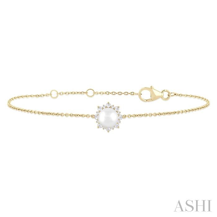 6 MM Round Shape Cultured Pearl and 1/10 Ctw Petite Round Cut Diamond Halo Bracelet in 10K Yellow Gold