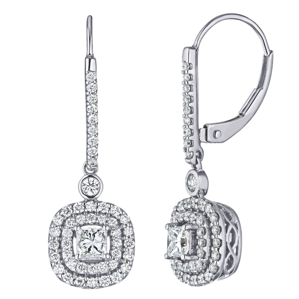 Diamond Cushion Cut Double Halo Leverback Earrings