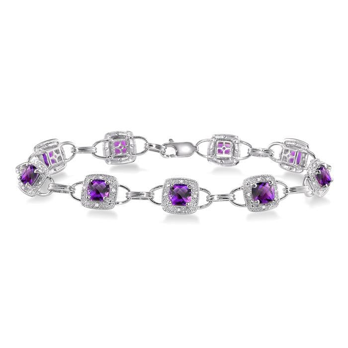 5x5 MM Cushion Shape Amethyst and 1/6 Ctw Round Cut Diamond Bracelet in 10K White Gold