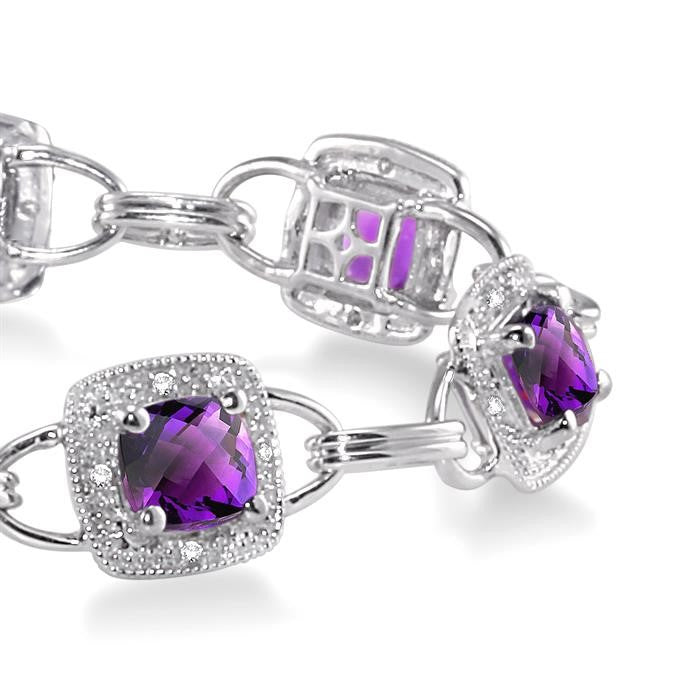 5x5 MM Cushion Shape Amethyst and 1/6 Ctw Round Cut Diamond Bracelet in 10K White Gold