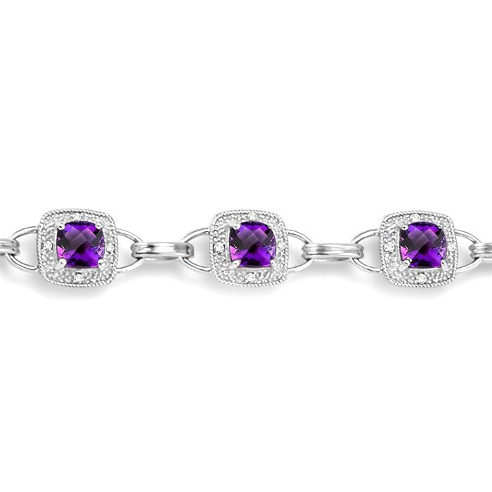5x5 MM Cushion Shape Amethyst and 1/6 Ctw Round Cut Diamond Bracelet in 10K White Gold