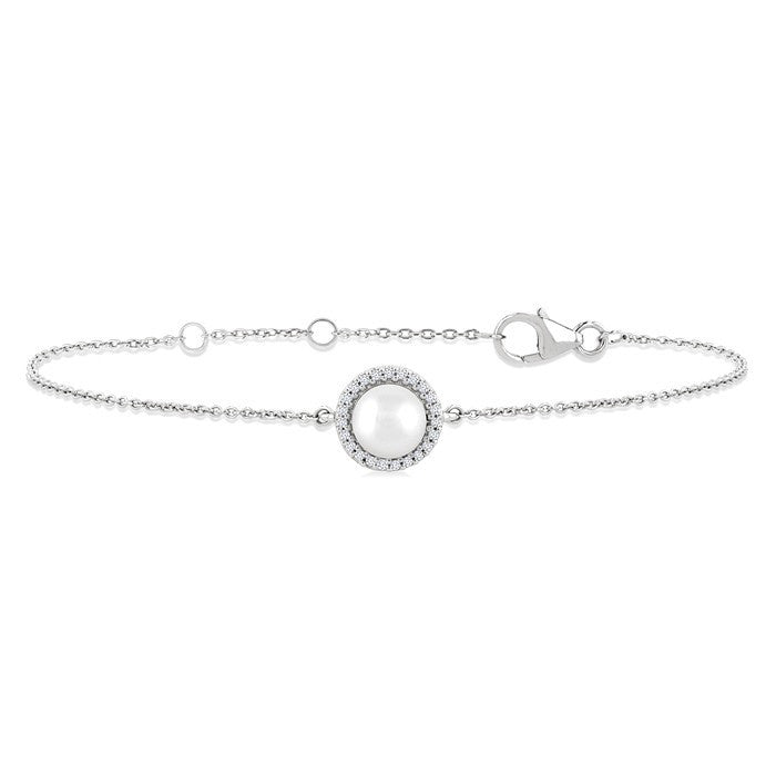 6 MM Round shape Round Shape Cultured Pearl and 1/20 Ctw Round Cut Diamond Petite Halo Bracelet in 10K White Gold