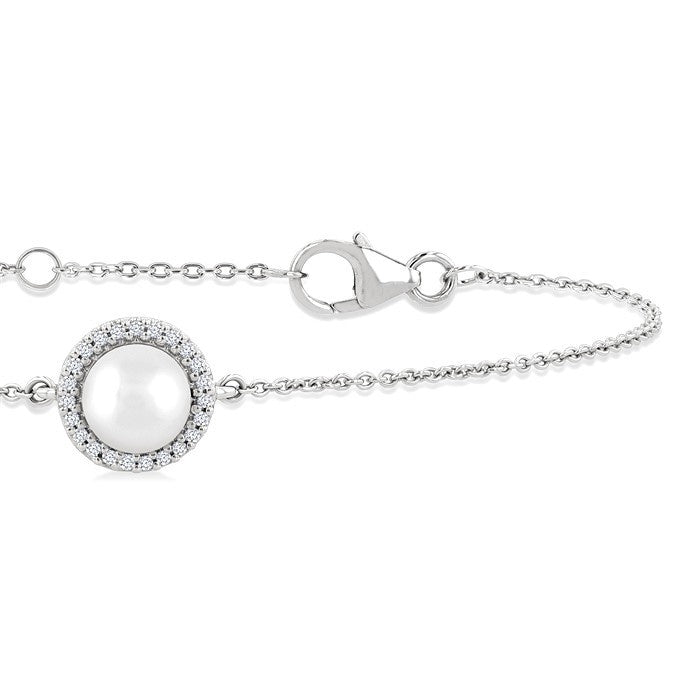 6 MM Round shape Round Shape Cultured Pearl and 1/20 Ctw Round Cut Diamond Petite Halo Bracelet in 10K White Gold