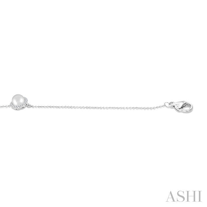 6 MM Round shape Round Shape Cultured Pearl and 1/20 Ctw Round Cut Diamond Petite Halo Bracelet in 10K White Gold