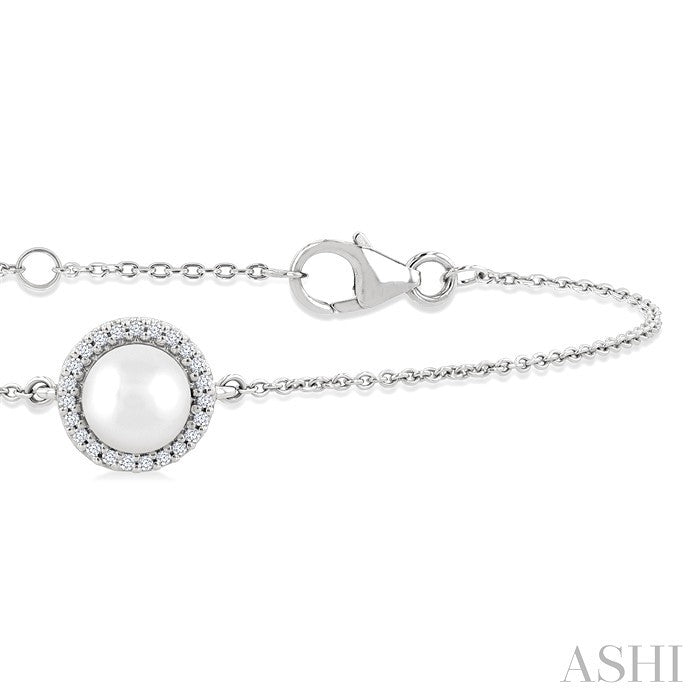 6 MM Round shape Round Shape Cultured Pearl and 1/20 Ctw Round Cut Diamond Petite Halo Bracelet in 10K White Gold