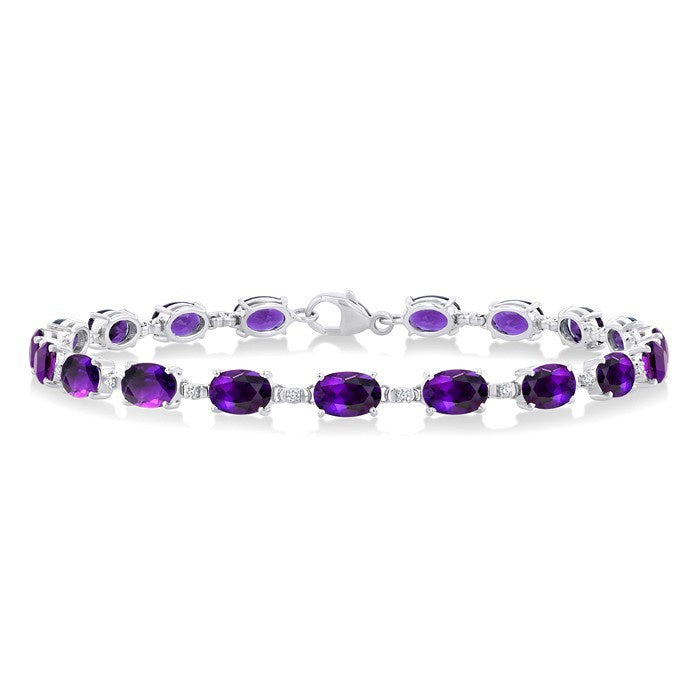 6X4 MM Oval Cut Amethyst and 1/6 Ctw Round Cut Diamond Semi-Precious Tennis Bracelet in 10K White Gold