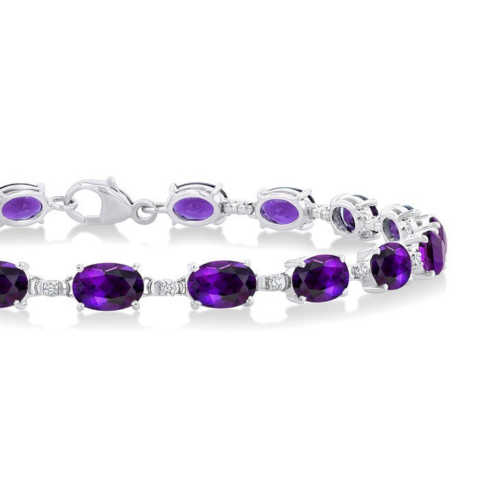 6X4 MM Oval Cut Amethyst and 1/6 Ctw Round Cut Diamond Semi-Precious Tennis Bracelet in 10K White Gold