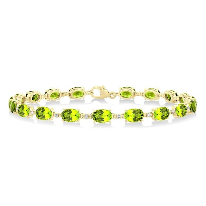 6X4 MM Oval Cut Peridot and 1/6 Ctw Round Cut Diamond Semi-Precious Tennis Bracelet in 10K Yellow Gold