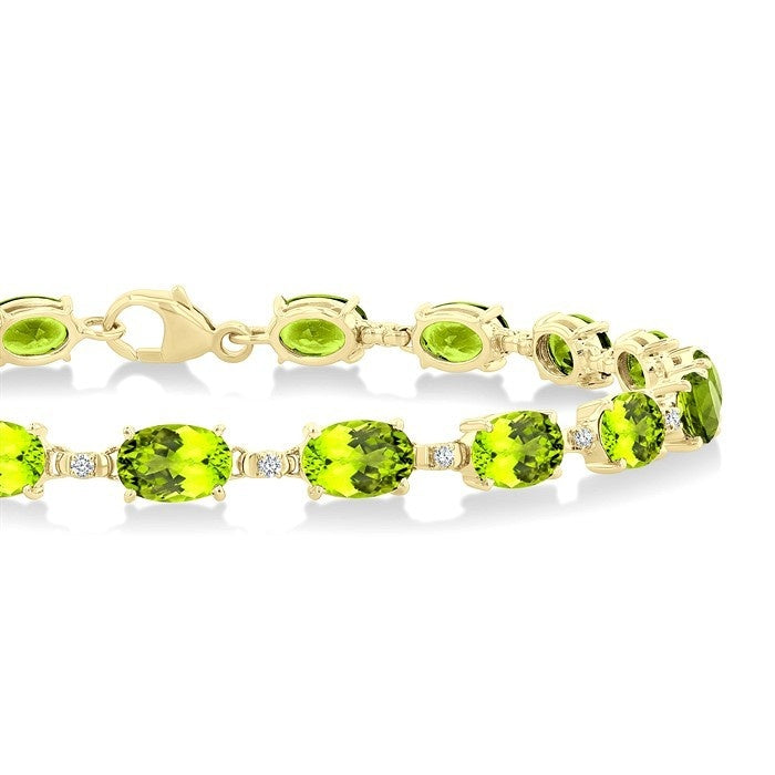 6X4 MM Oval Cut Peridot and 1/6 Ctw Round Cut Diamond Semi-Precious Tennis Bracelet in 10K Yellow Gold