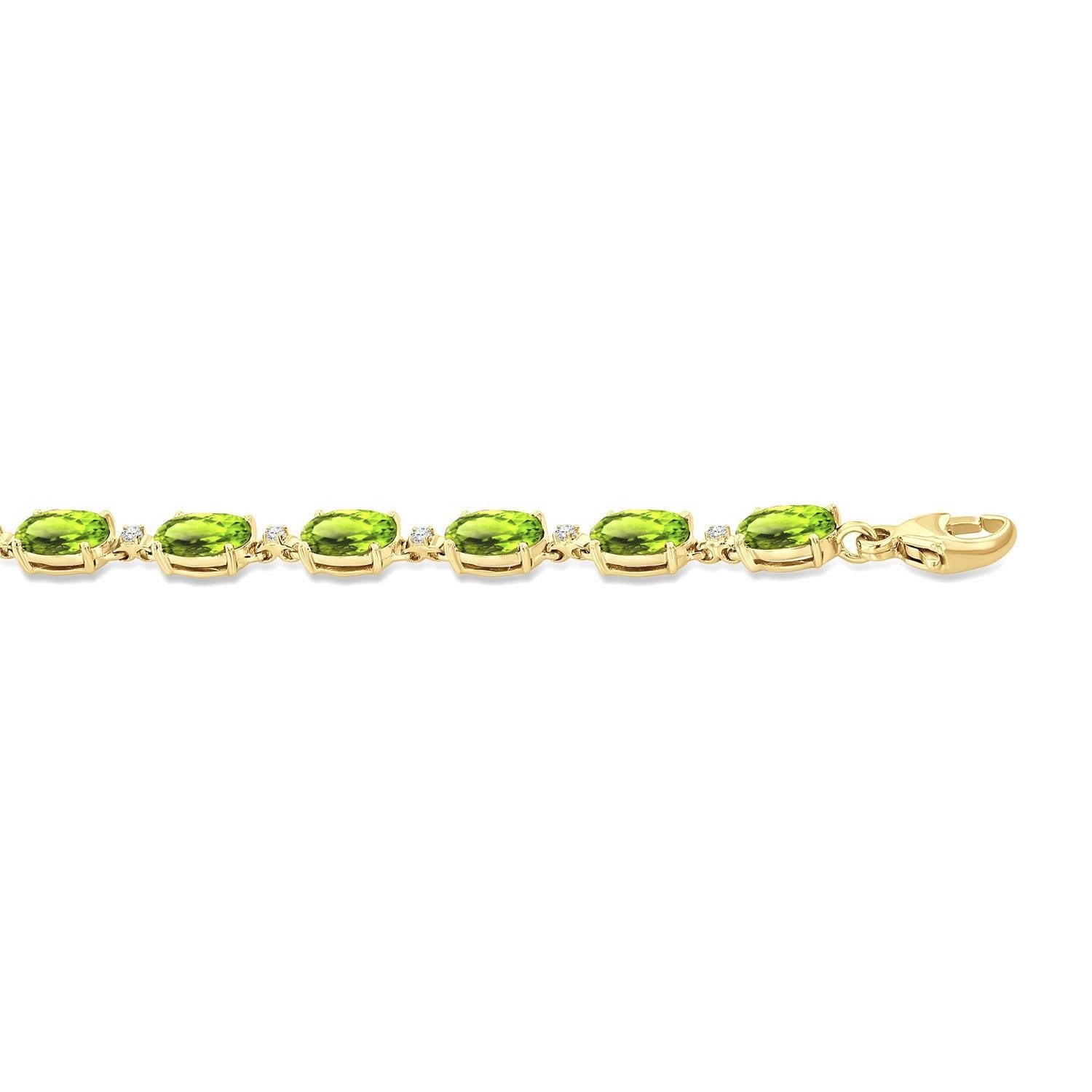6X4 MM Oval Cut Peridot and 1/6 Ctw Round Cut Diamond Semi-Precious Tennis Bracelet in 10K Yellow Gold