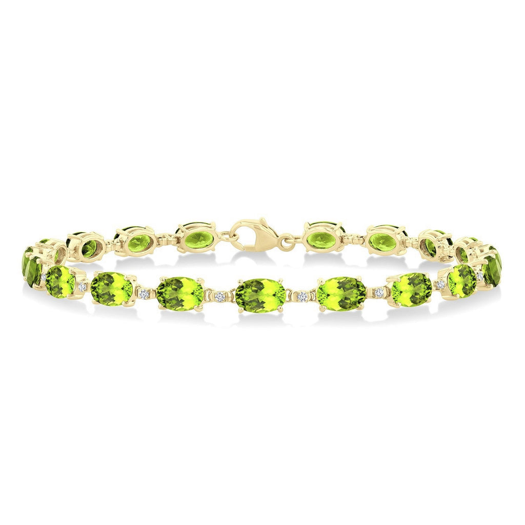 6X4 MM Oval Cut Peridot and 1/6 Ctw Round Cut Diamond Semi-Precious Tennis Bracelet in 10K Yellow Gold