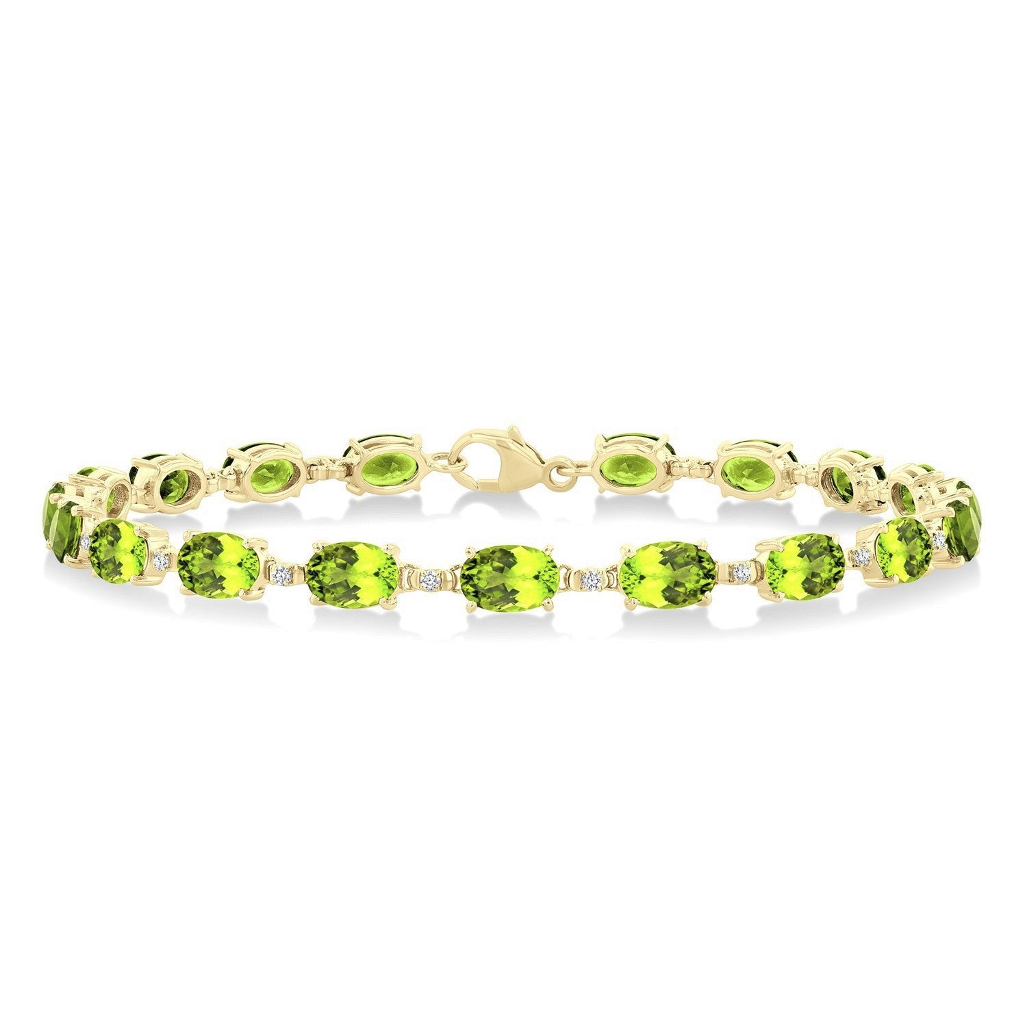 6X4 MM Oval Cut Peridot and 1/6 Ctw Round Cut Diamond Semi-Precious Tennis Bracelet in 10K Yellow Gold