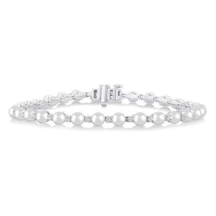 4 MM Round Shape Cultured Pearl and 3/4 Ctw Round Cut Diamond Tennis Bracelet in 14K White Gold