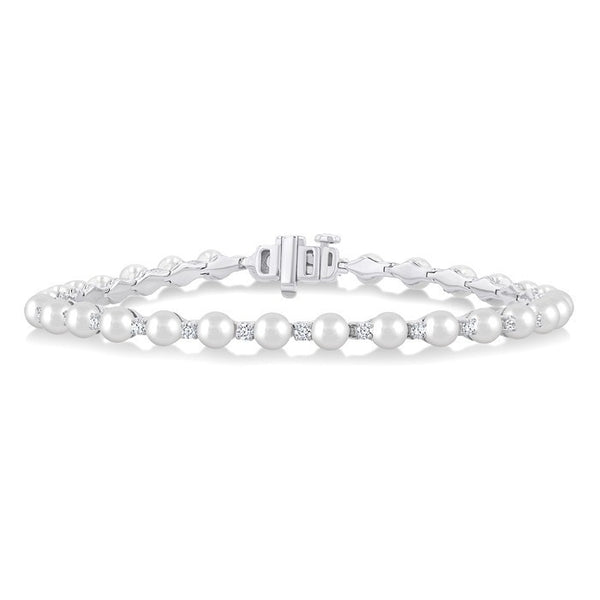 4 MM Round Shape Cultured Pearl and 3/4 Ctw Round Cut Diamond Tennis Bracelet in 14K White Gold
