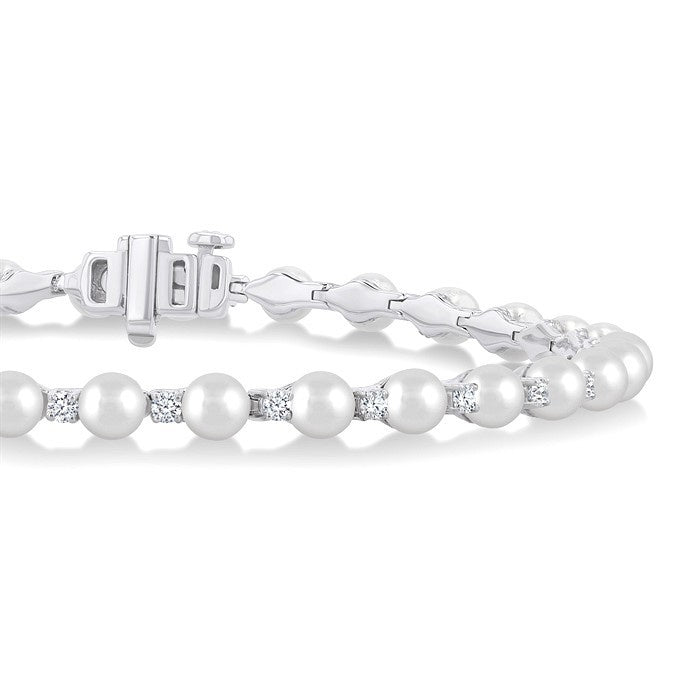 4 MM Round Shape Cultured Pearl and 3/4 Ctw Round Cut Diamond Tennis Bracelet in 14K White Gold
