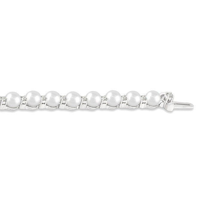 4 MM Round Shape Cultured Pearl and 3/4 Ctw Round Cut Diamond Tennis Bracelet in 14K White Gold