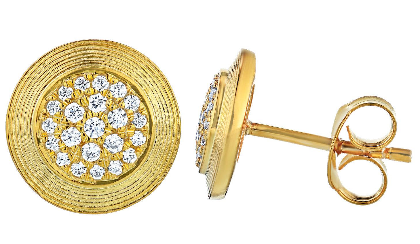 Diamond Round Cluster with Textured Gold Round Frame with Matte Finish Earrings