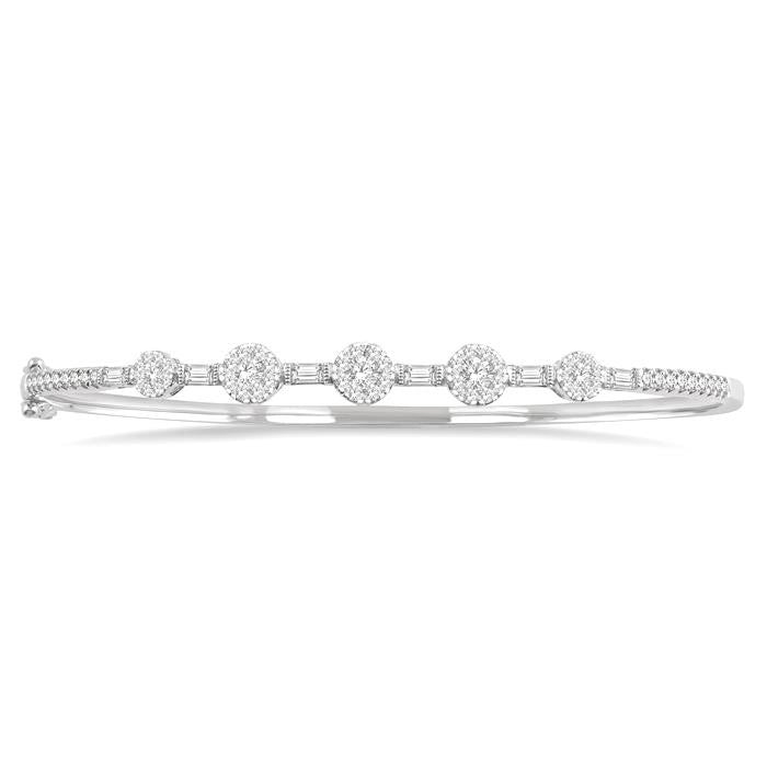 1 1/10 Ctw Shine Bright Circular Mounts Baguette & Round Cut Diamond Bangle in 14K White Gold