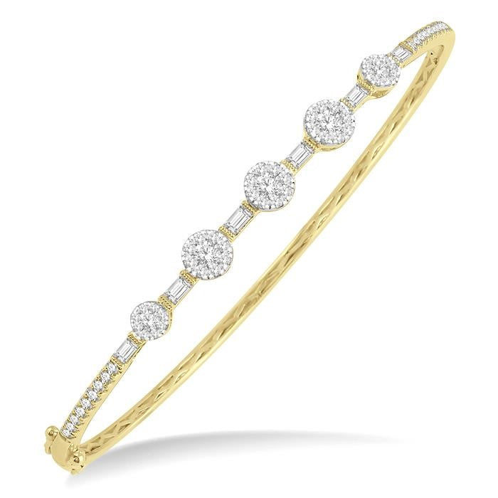 1 1/10 Ctw Shine Bright Circular Mounts Baguette & Round Cut Diamond Bangle in 14K Yellow and White Gold