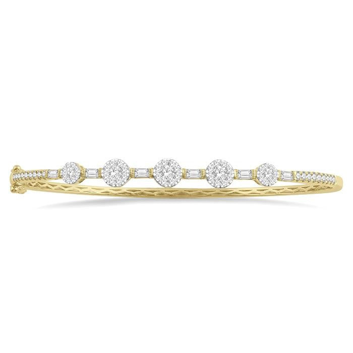 1 1/10 Ctw Shine Bright Circular Mounts Baguette & Round Cut Diamond Bangle in 14K Yellow and White Gold