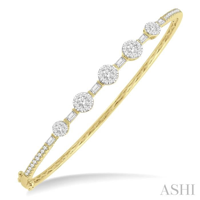 1 1/10 Ctw Shine Bright Circular Mounts Baguette & Round Cut Diamond Bangle in 14K Yellow and White Gold