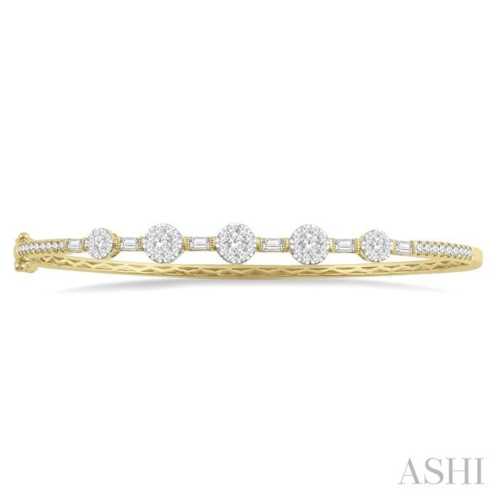 1 1/10 Ctw Shine Bright Circular Mounts Baguette & Round Cut Diamond Bangle in 14K Yellow and White Gold