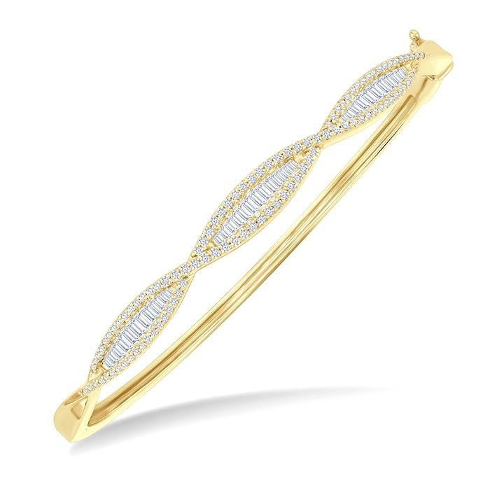 1 Ctw Elongated Twist Pattern Baguette and Round Cut Diamond Fashion Bangle in 14K Yellow Gold