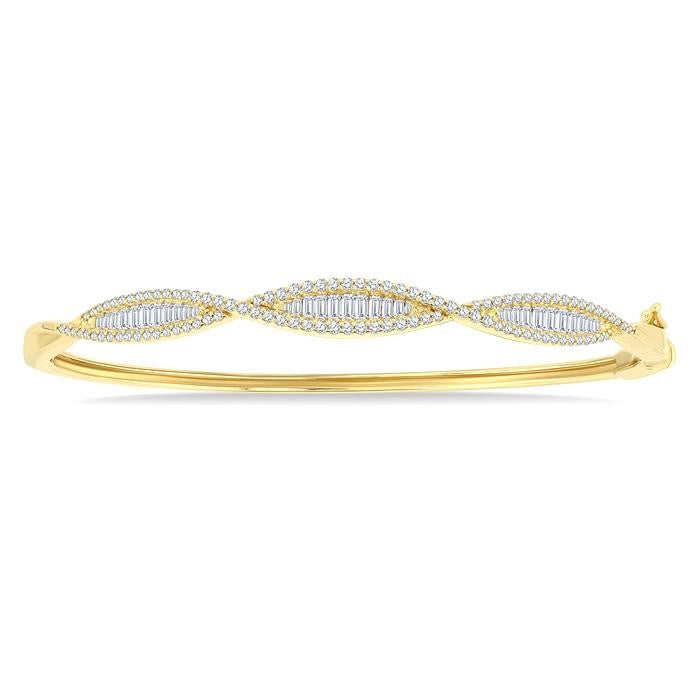 1 Ctw Elongated Twist Pattern Baguette and Round Cut Diamond Fashion Bangle in 14K Yellow Gold