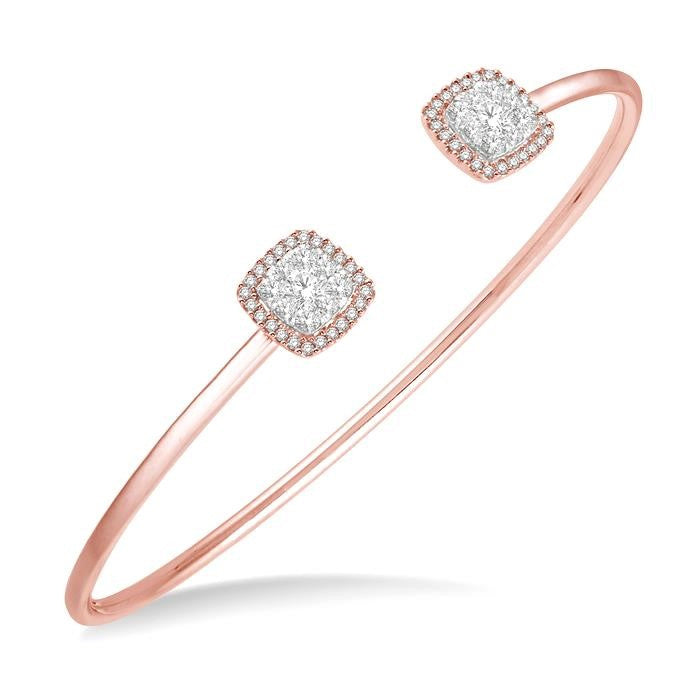 3/4 Ctw Cushion Shape Shine Bright Open Cuff Diamond Bangle in 14K Rose and White Gold