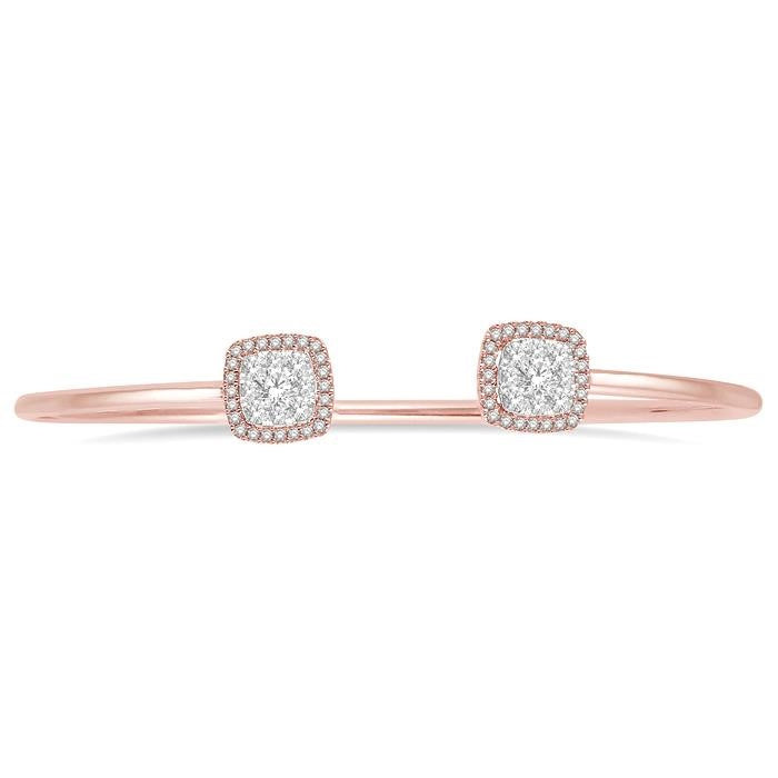 3/4 Ctw Cushion Shape Shine Bright Open Cuff Diamond Bangle in 14K Rose and White Gold