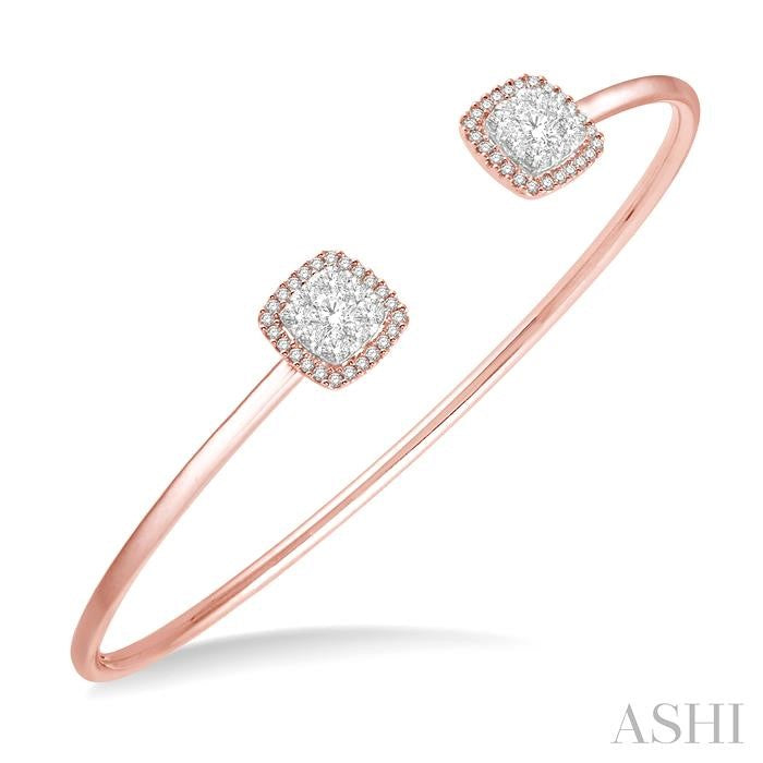 3/4 Ctw Cushion Shape Shine Bright Open Cuff Diamond Bangle in 14K Rose and White Gold
