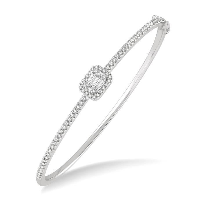 1 Ctw Emerald Shape Fusion Baguette and Round Cut Diamond Stackable Bangle in 14K White Gold
