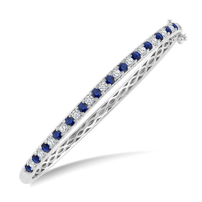 2.6 MM Round Shape Sapphire and 1 Ctw Round Cut Diamond Precious Bangle in 14K White Gold