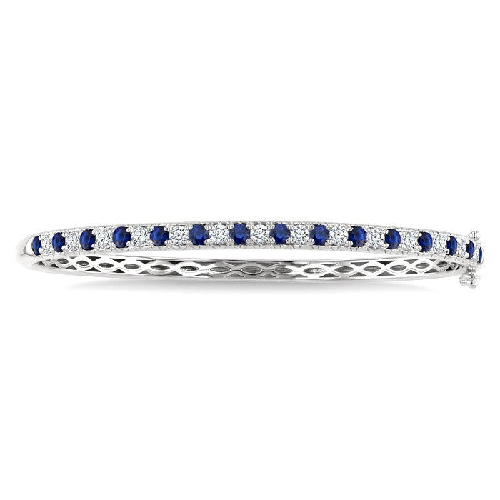 2.6 MM Round Shape Sapphire and 1 Ctw Round Cut Diamond Precious Bangle in 14K White Gold