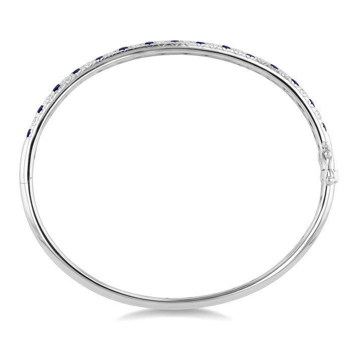 2.6 MM Round Shape Sapphire and 1 Ctw Round Cut Diamond Precious Bangle in 14K White Gold