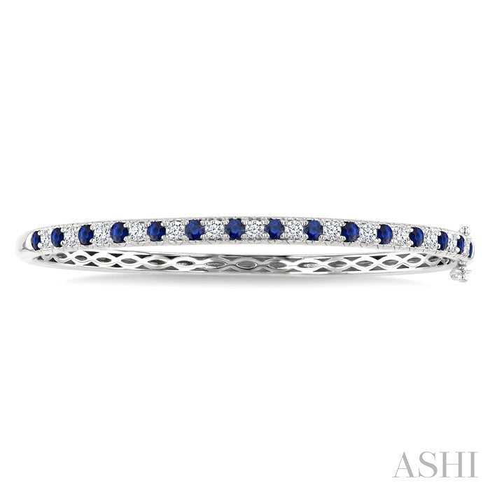 2.6 MM Round Shape Sapphire and 1 Ctw Round Cut Diamond Precious Bangle in 14K White Gold