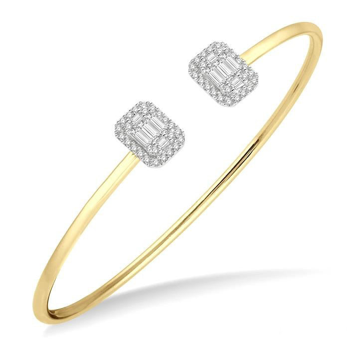 Stackable Emerald Shape Halo Fusion Diamond Open Cuff Bangle