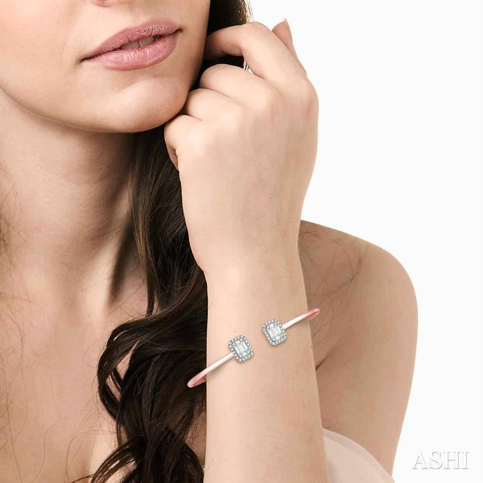 5/8 Ctw Emerald Shape Lovebright Open Cuff Diamond Bangle in 14K Rose and White Gold