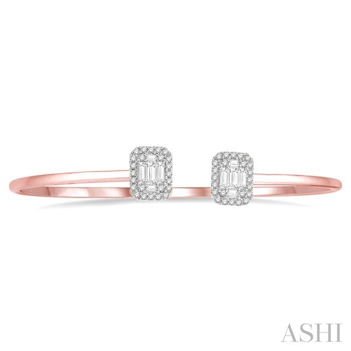 5/8 Ctw Emerald Shape Lovebright Open Cuff Diamond Bangle in 14K Rose and White Gold