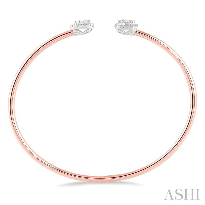5/8 Ctw Emerald Shape Lovebright Open Cuff Diamond Bangle in 14K Rose and White Gold