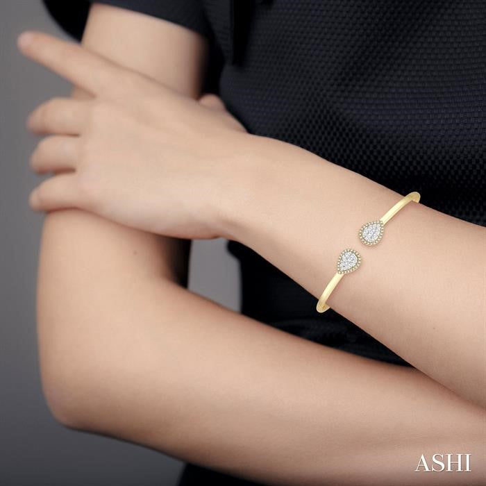 5/8 Ctw Round Cut Shine Bright Diamond Pear Shape Open Cuff Bangle in 14K Yellow and White Gold