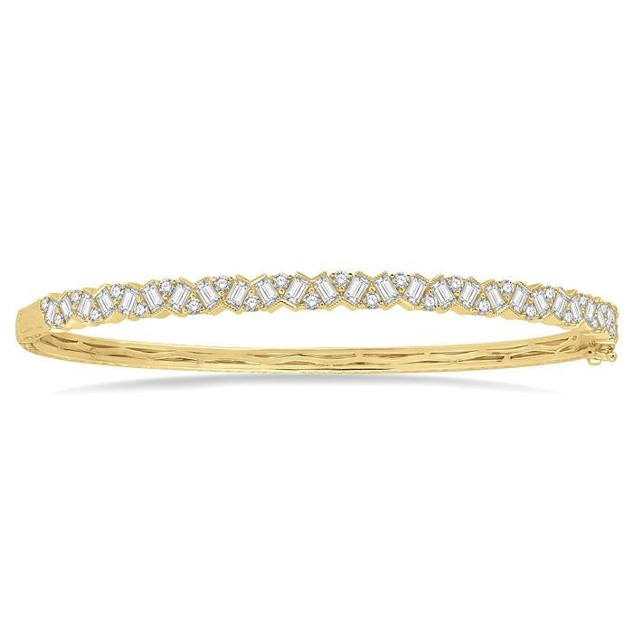 2 Ctw Zigzag Baguette and Round Cut Diamond Bangle in 14K Yellow Gold